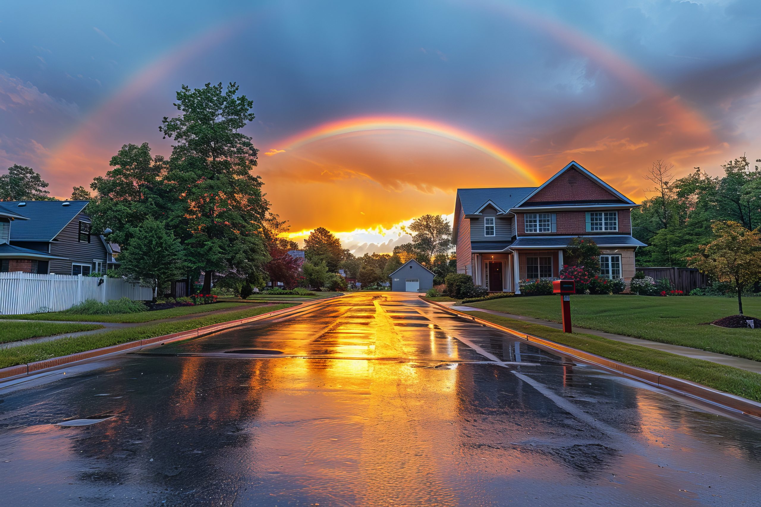 Realistic. Analgoic. A suburban street at sunset, with a rainbow stretching across the sky at the end of the road. In the foreground, a cozy house with a white picket fence and a mailbox adorned with flowers stands out against the vibrant sky. --chaos 20 --ar 3:2 --stylize 1000 Job ID: bb64c673-687b-4b83-95d9-b46f992f1f0d